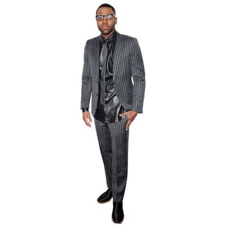A Lifesize Cardboard Cutout of Jason Derulo wearing a grey suit and tie