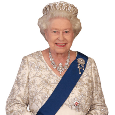 Featured image for “HRH The Queen (White Dress) Half Body Buddy Cutout”